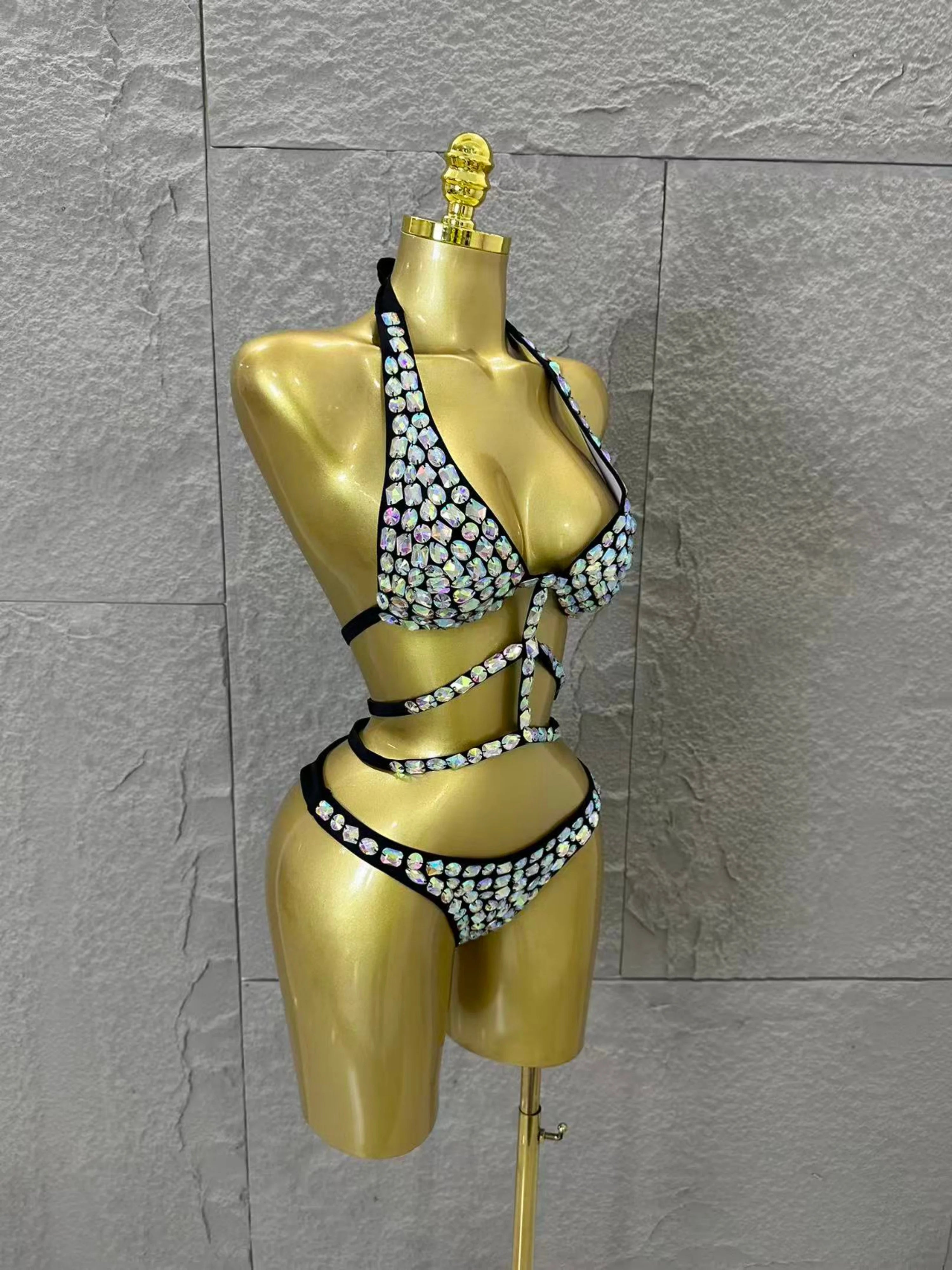 2026 Luxurious Black Bodysuit Women Sexy Halter Neck Iridescent Crystal Embellished Cutout Outfit Stage Performance Costume