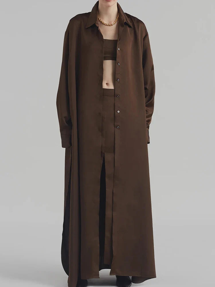 Solid Minimalist Split Dresses For Women Lapel Long Sleeve High Waist Patchwork Single Breasted Loose Dress Female