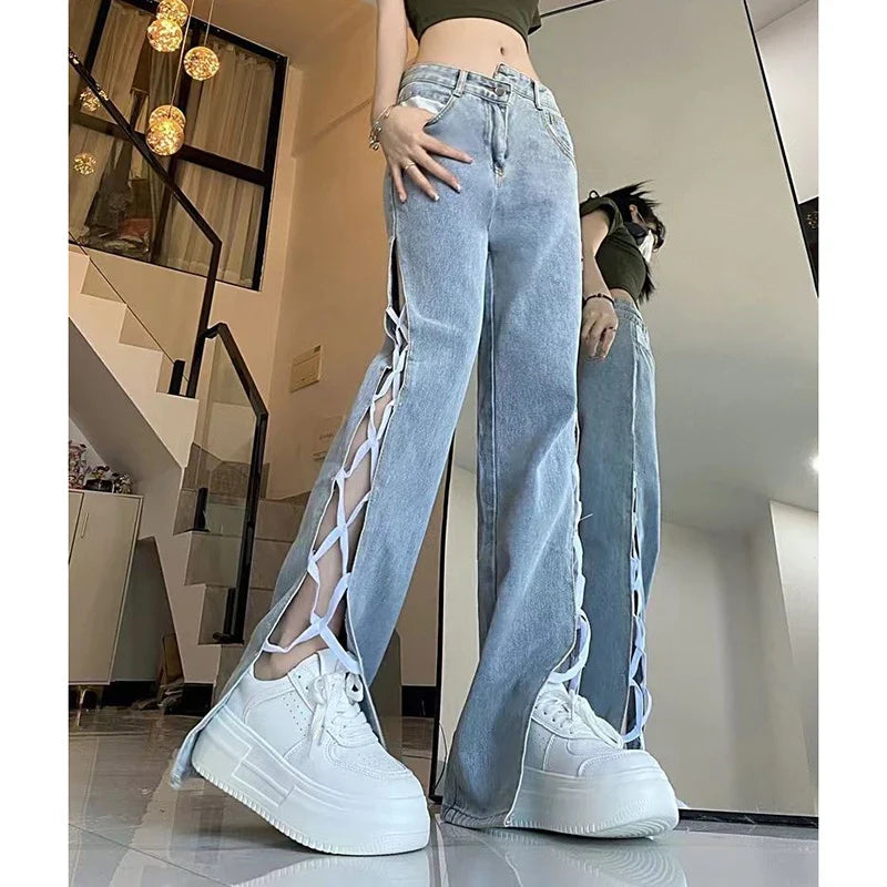 Casual Split Straight Jeans Women Fashion Hollow Out Bandage Design Trousers Woman Korean Style High Waist Blue Denim Pants 2024 Blue no belt