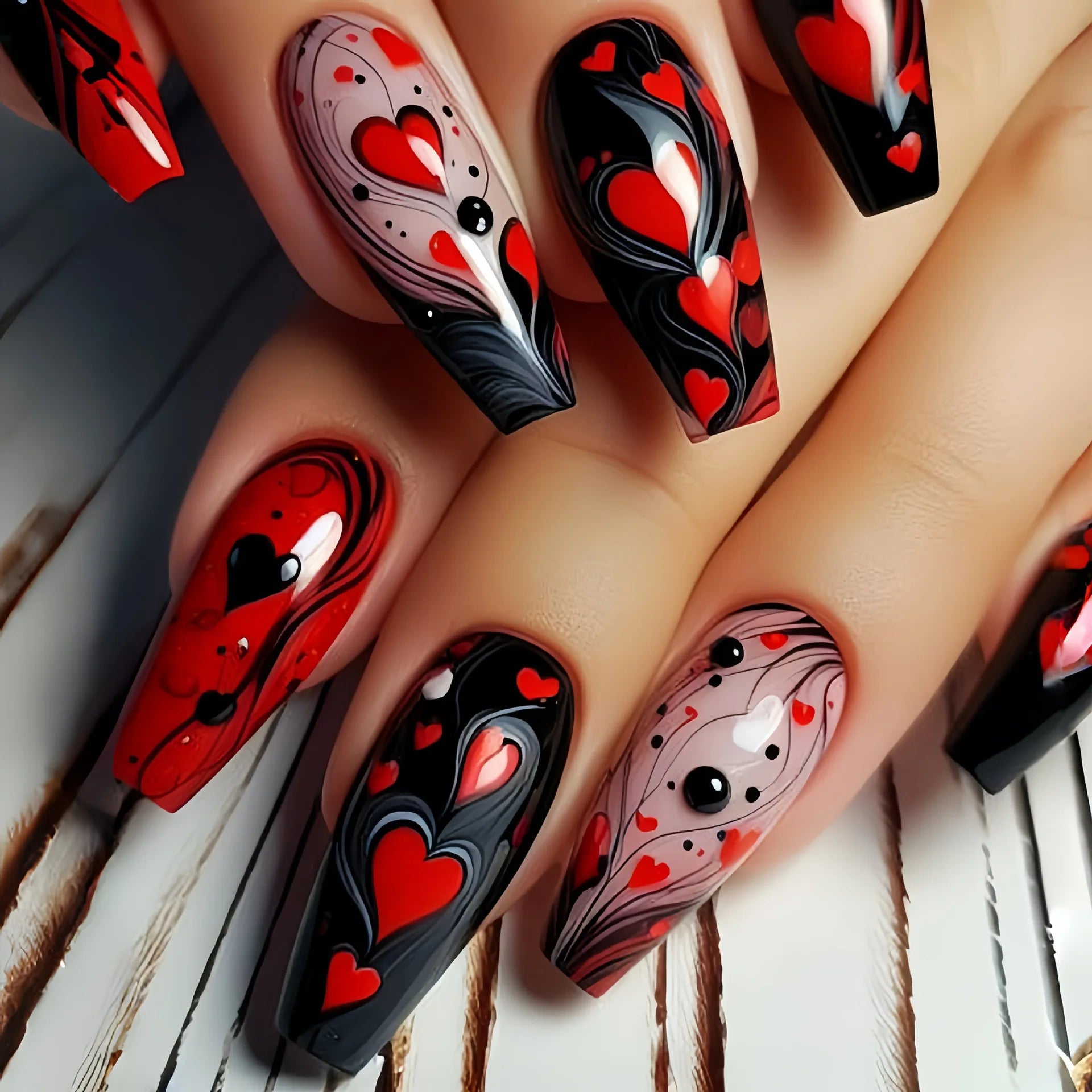 24pcs/set medium long fake nails for women cute gradient pink red heart rose flowers for Valentine's Day press on acrylic nails 1763