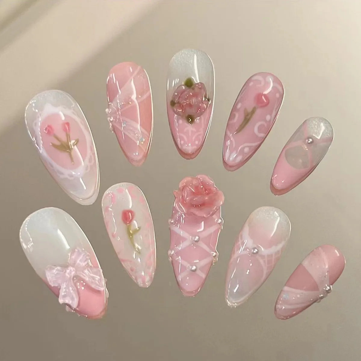 24Pcs Almond False Nails with Broken Diamond Fashion Green Flower Design Nail Art Tips Wearable Full Cover Press on Fake Nails 3405