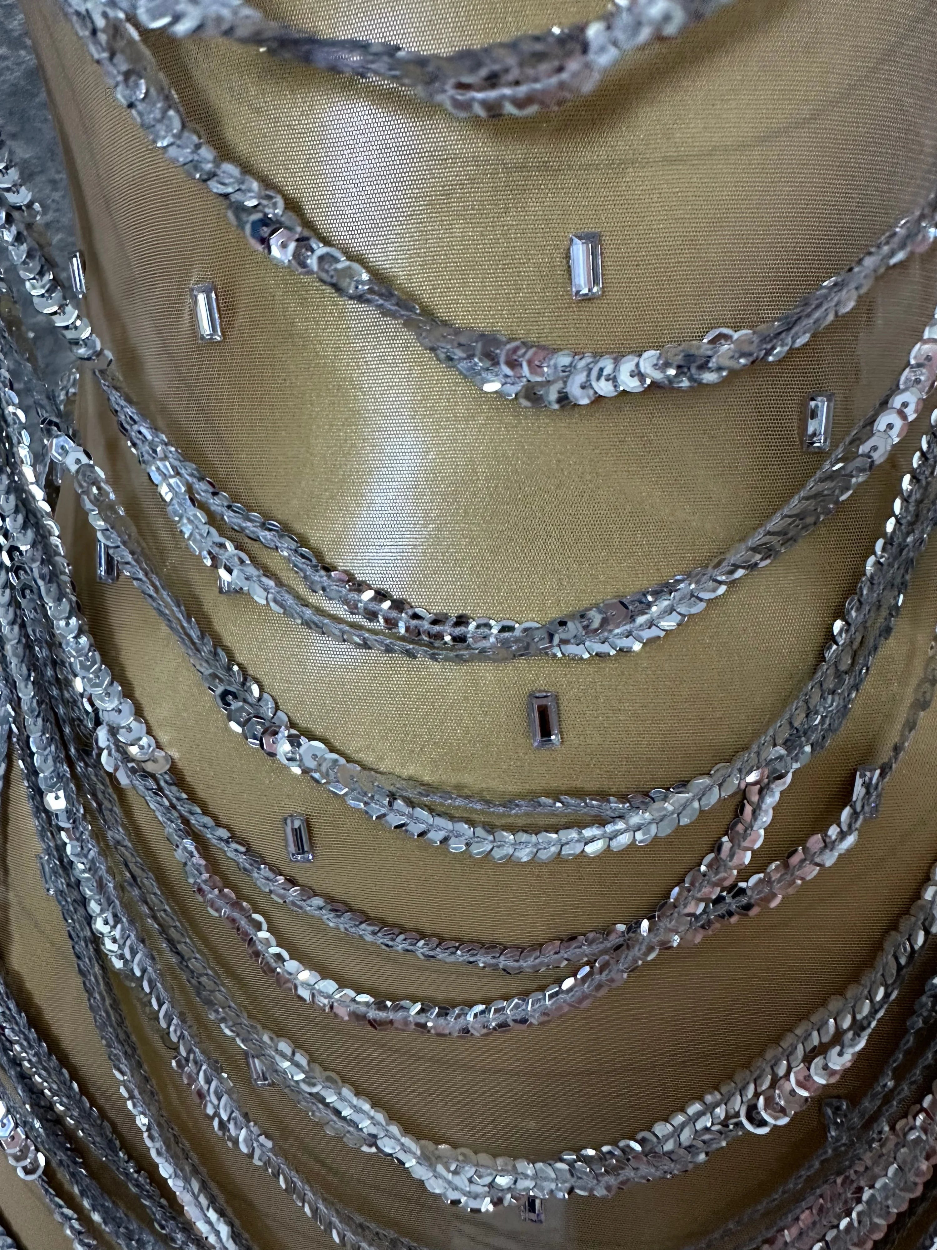 Glamorous Silver Sequined Layered Chain Mesh Dress Women Sexy High Neck Sleeveless Bodycon Stage Performance Costume