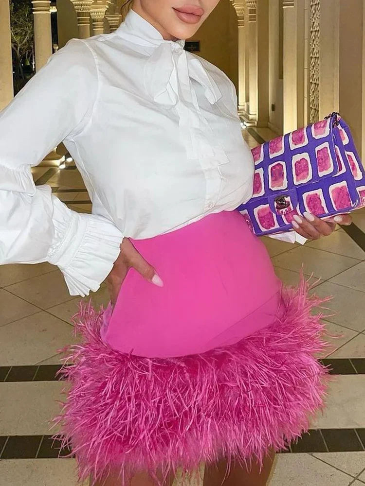 DEAT Spliced Feather Skirt Women Elastic Waist Slim Short Style Sexy Solid Color New Fashion Versatile Female 33A034