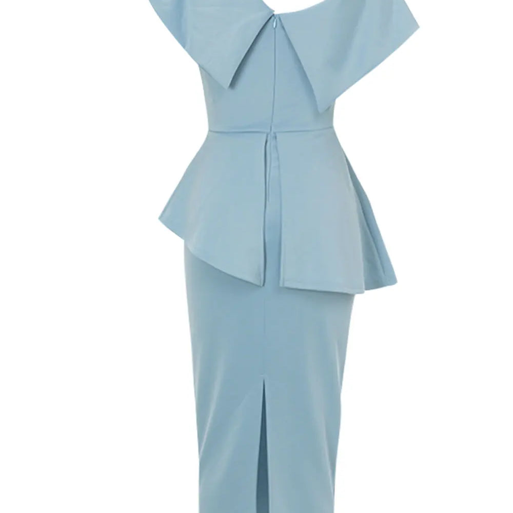 2024 Sexy Women Sky Blue Dress Off Shoulder Slant Neck Lotus Leaf Sleeve Button Design Bodycon Midi Dress Evening Party Vestidos