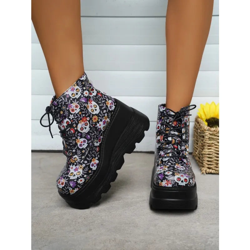 Winter Women's Gothic Platform Ankle Boots Fashion Wedge Lace Up High Heels Women's Boots Street Fashion Women's Shoes