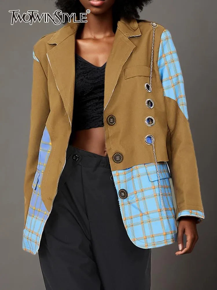 Colorblock Spliced Denim Blazers For Women Notched Collar Long Sleeve Patchwork Chain Chic Blazer Female Clothing