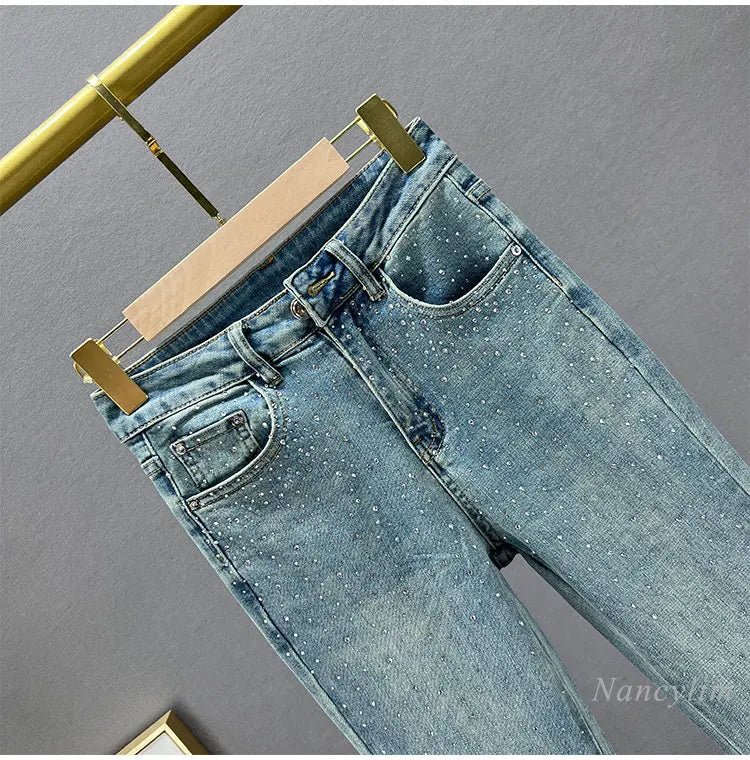 Skinny Jeans for Women Spring Cloth New High Waist Slimming Heavy Embroidery Hot Drilling Denim Pants Long Trousers