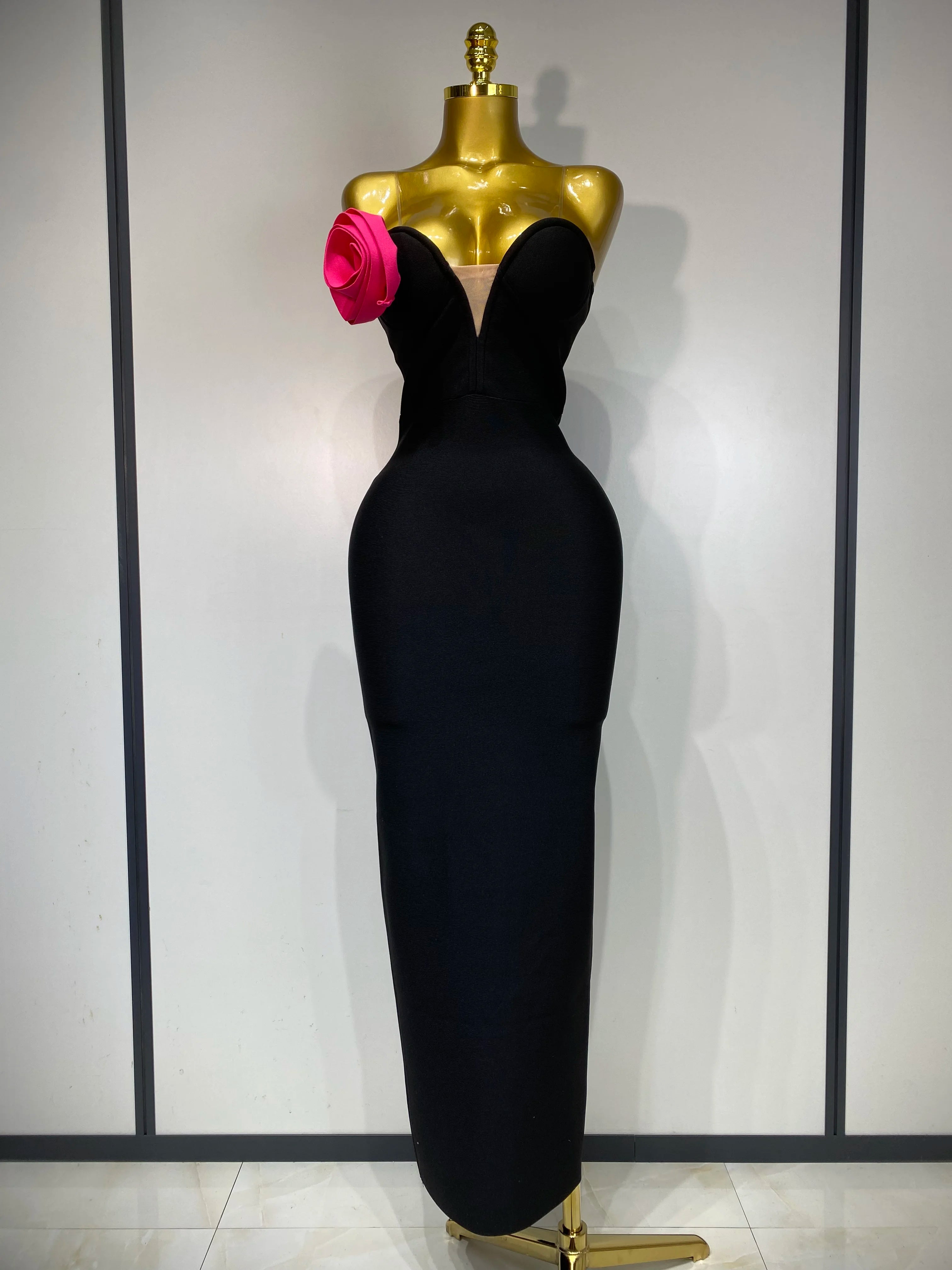 Women Sexy Strapless Backless Flower Patchwork Maxi Long Bandage Dress 2025 Elegant Evening Club Luxury Birthday Party Dresses black