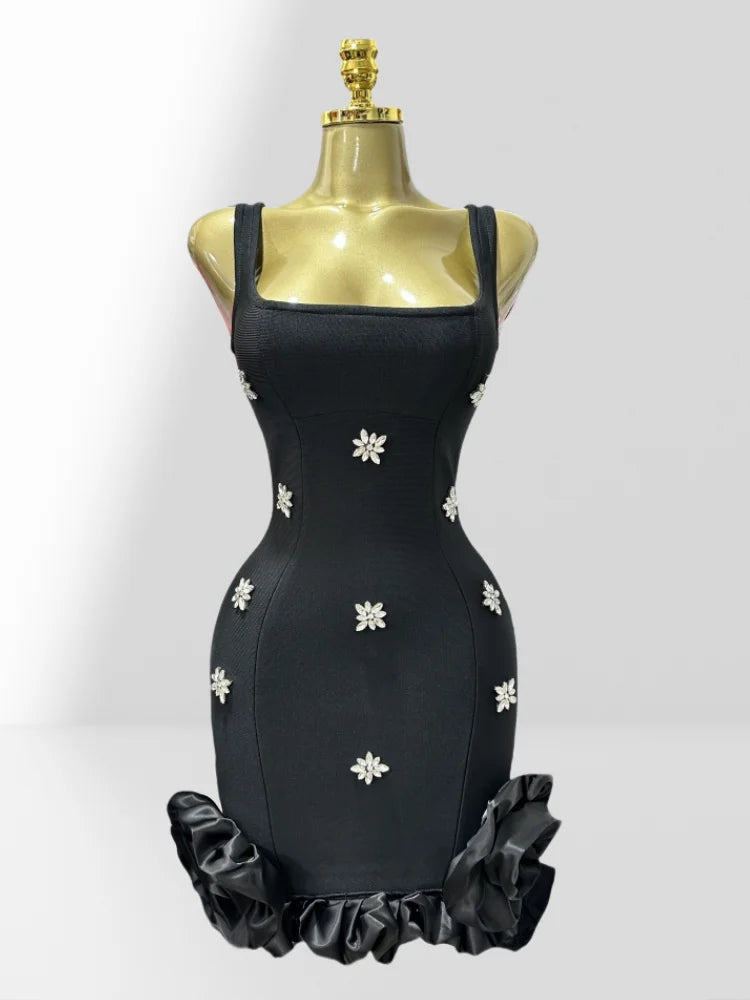 2025 Summer Shining Diamonds Sleeveless Sexy Bodycon Mini Bandage Dress Ruffles Celebrate Evening Party Birthday Outfit Vestido black