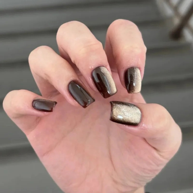 24Pcs Solid Color Pink False Nails Set with Glue Simple Short Square Head Fake Nail Cat's Eye Press on Nails Finished Nail Tips 03