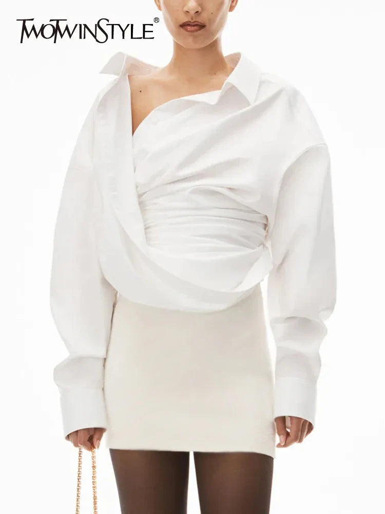 Solid Irregular Designer Blouses For Women Lapel Long Sleeve Patchwork Button Casual Blouse Female Fashion Clothing