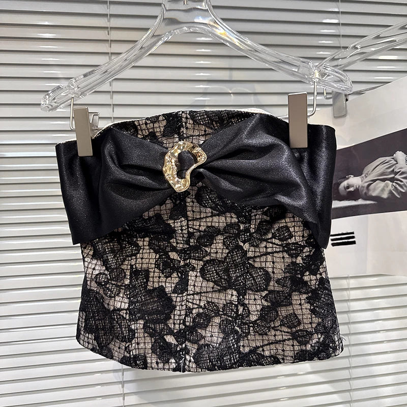 Winter New Fashion Bow Lace Patchwork Strapless Top For Women Ribbon Wrapped Hip Short Skirt Female Trend 11A07752