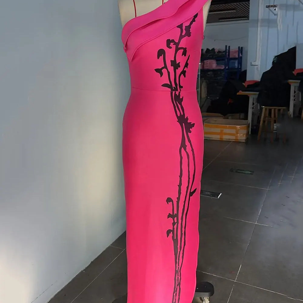 2025 Sexy Women's Printed Bandage Dress with Hanging Neck Slant Neck Sleeveless Ruffle Bodycon Long Dress Evening Party Vestidos