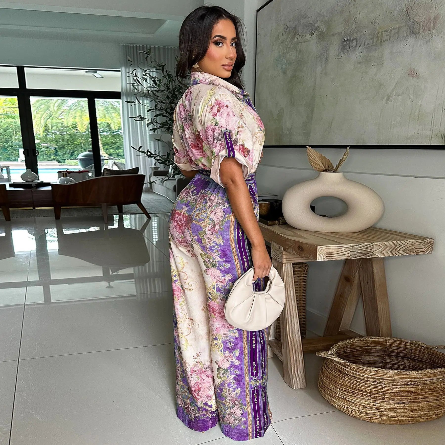 CM.YAYA Women Floral Printed Vintage Blouse Style Wide Leg Jumpsuits 2025 Summer Beach Night Club Playsuit One Piece Suit Romper