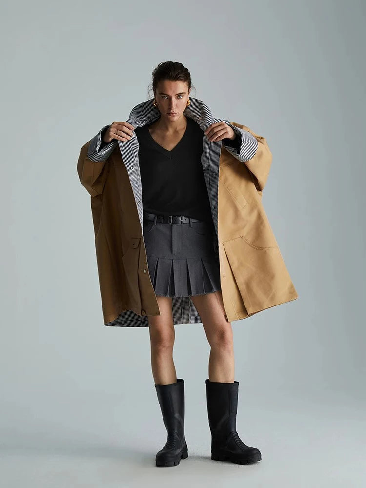 Lautaro Spring Autumn Cool Oversized Waterproof Khaki Patchwork Checkerboard Trench Coat for Women with Detachable Hood Fashion