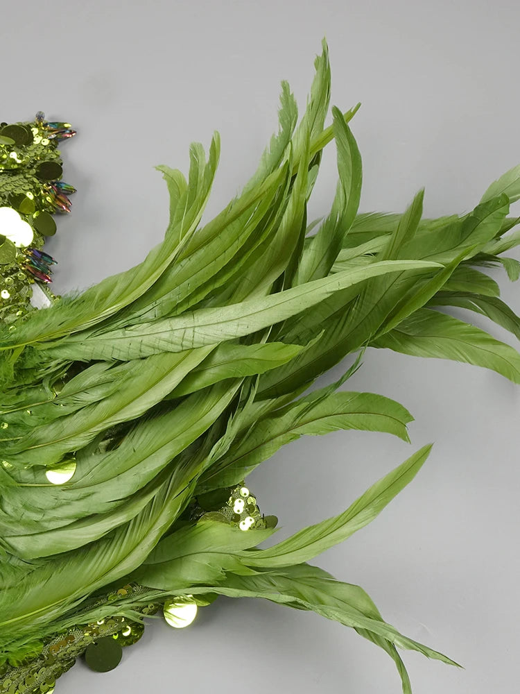 2024 Summer New Green Feather Shining Sequins Strapless Slim High Slit Beads Tassels Party Cocktail Evening Dress