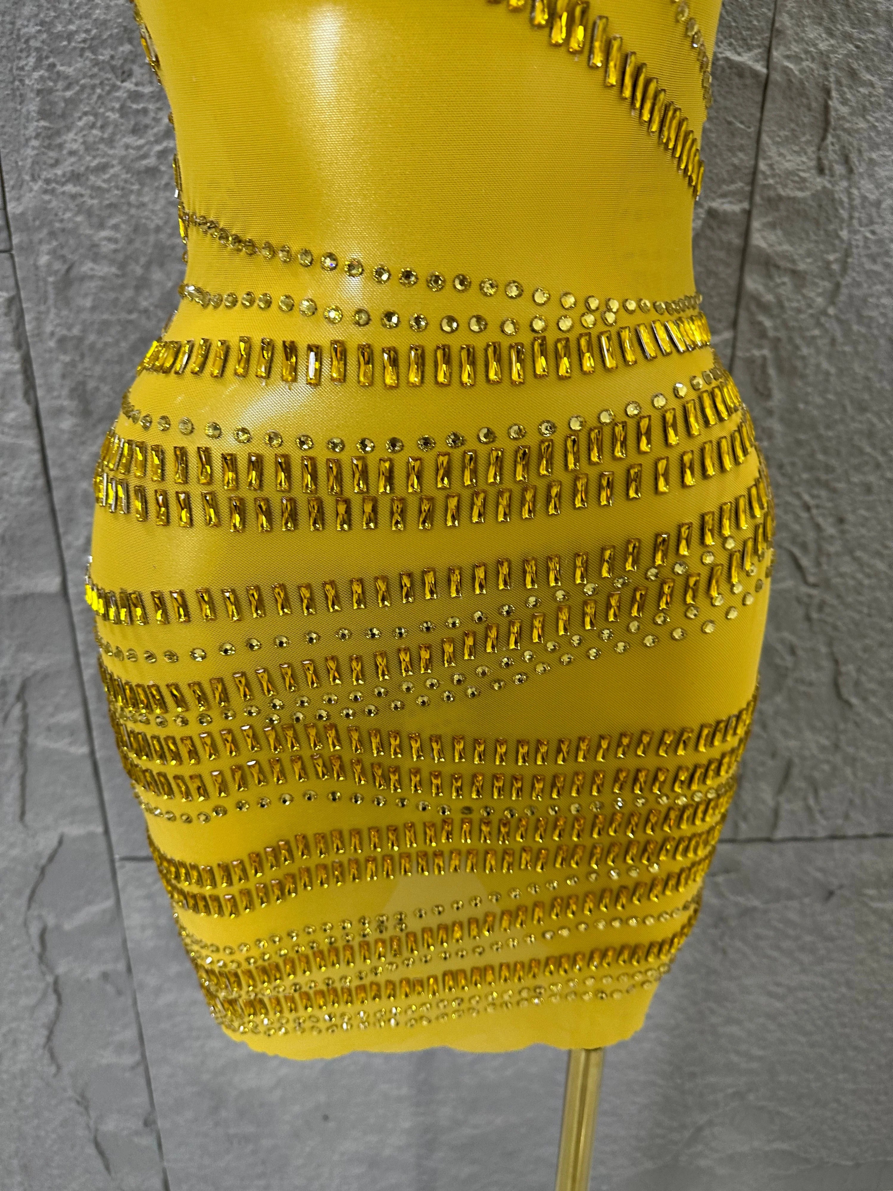 Luxury Gold Off-Shoulder Mini Dress Women Sexy Sheer Mesh Full Gold Crystal Embellished Form-Fitting Outfit Formal Event Party