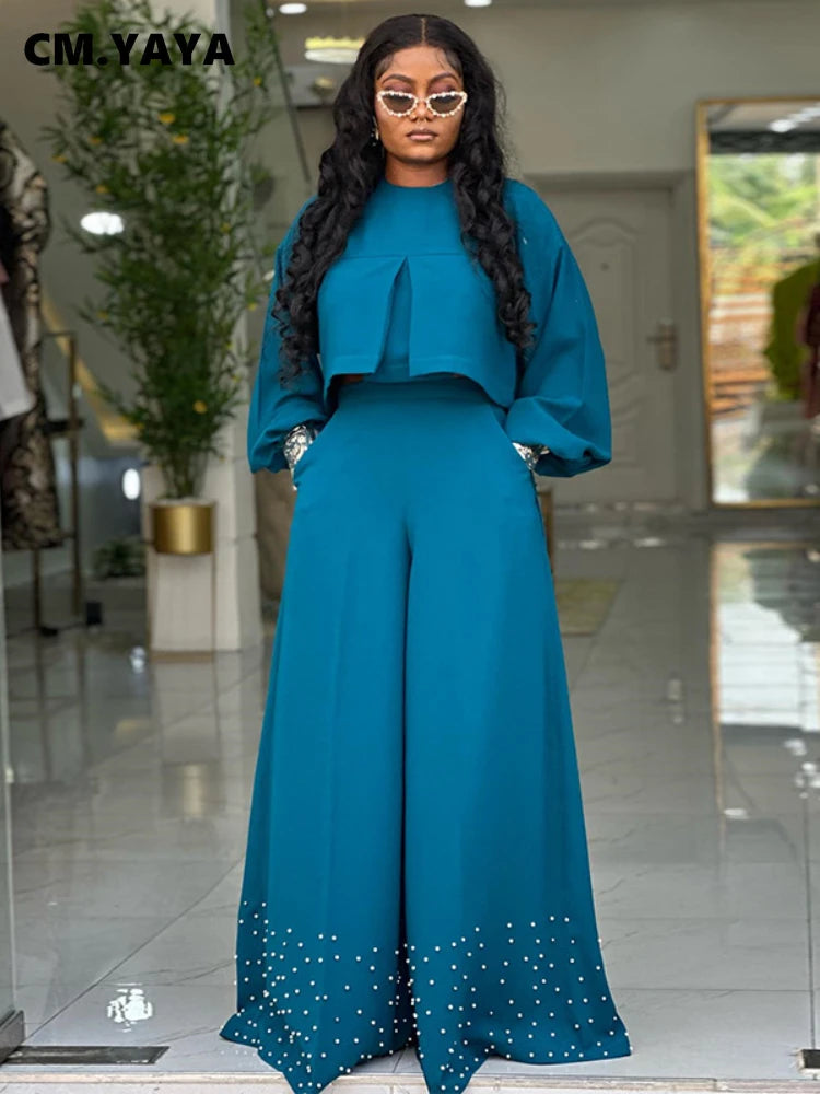 CM.YAYA Women's Set Long Sleeve High Low Maxi Blouse and Pearl Beading Wide Leg Pants 2025 Two 2 Piece Sets Outfits Tracksuit