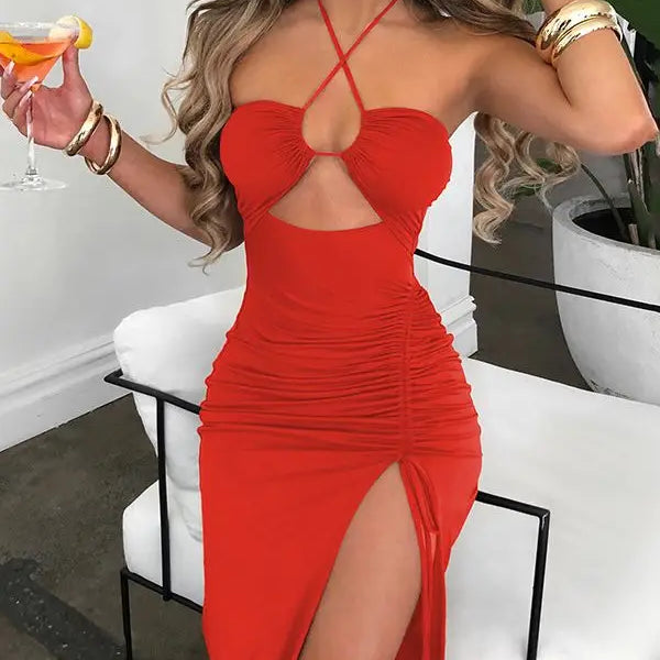 Summer Sexy Halter Backless Sleeveless Cut Out Maxi Dress for Women Ruched Elegant Club Party Slit Dresses Bandage Vestido 2023 orange