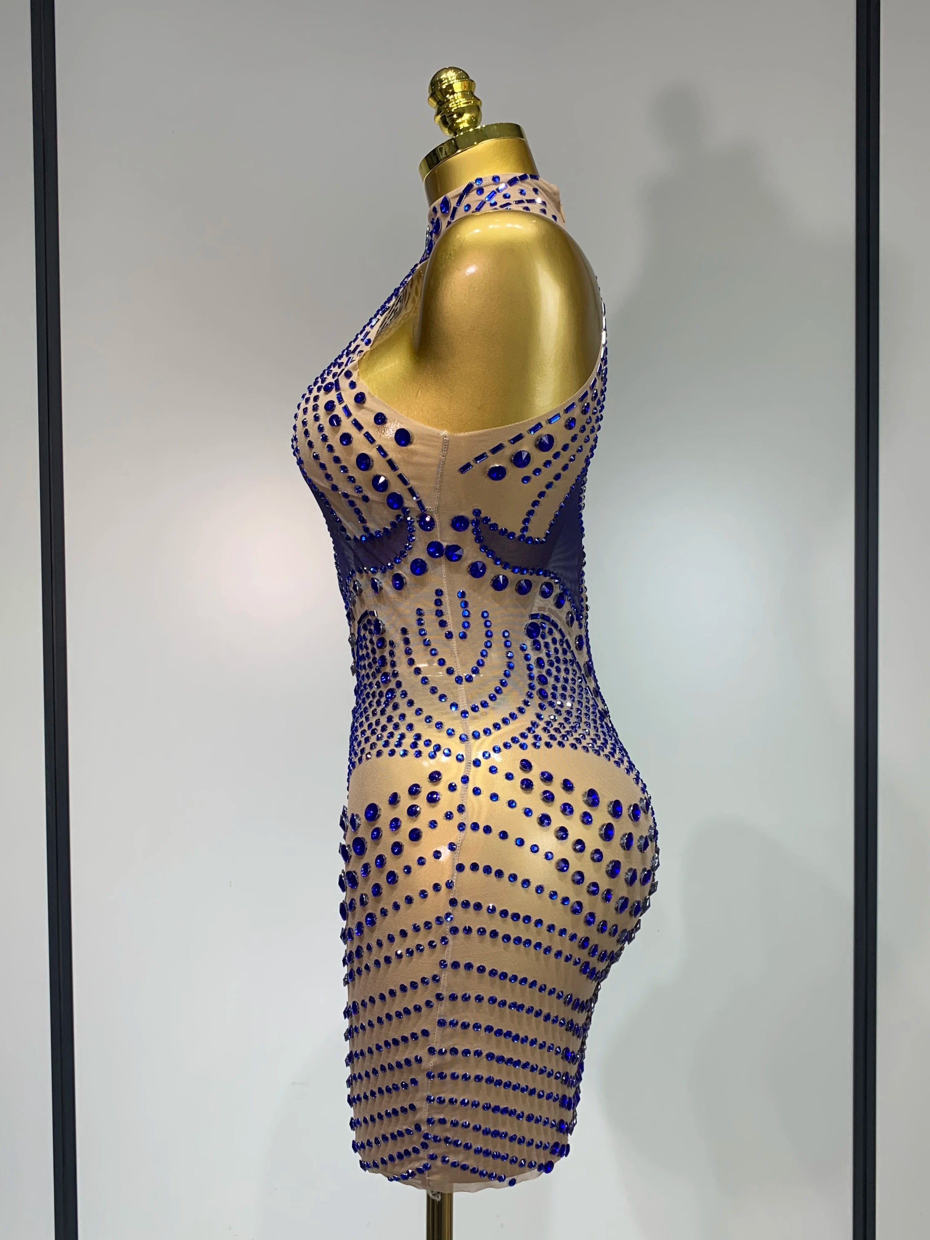 Luxury Birthday Dress Women Rhinestones Sexy Transparent Mesh Mini Dress Evening Party Nightclub Stage Performance Costume