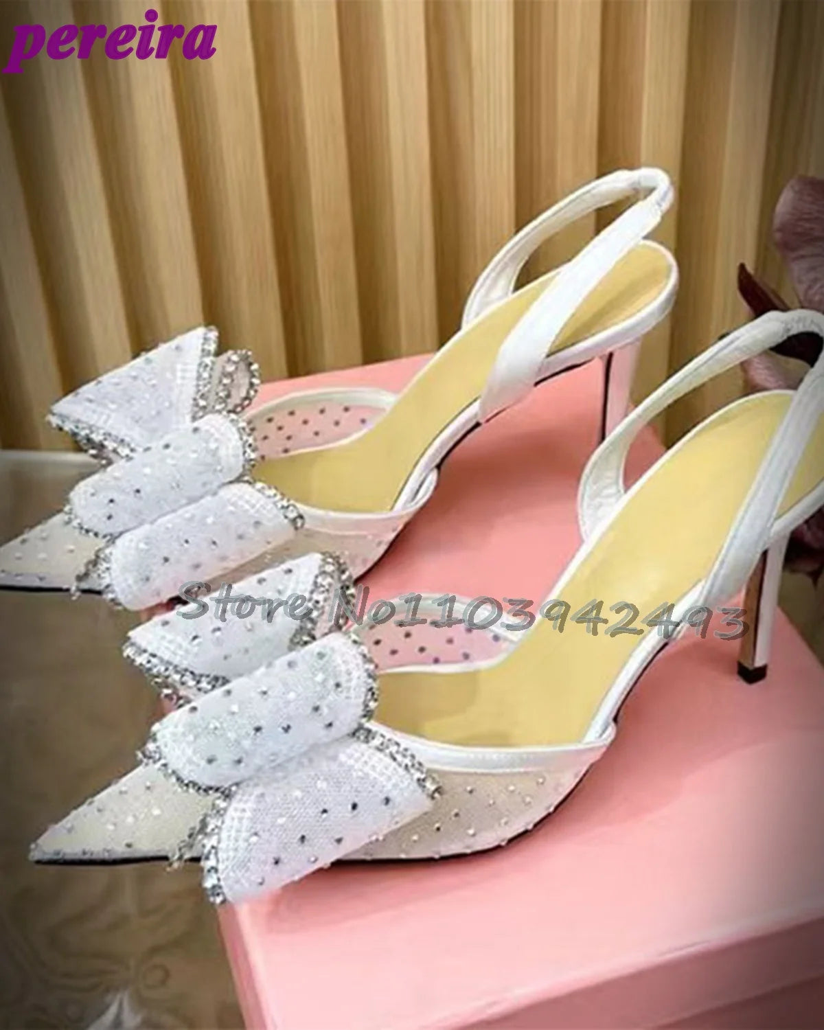Rhinestones Mesh Heeled Sandals Pink Heels Slip On Pull On Shoes Summer Butterfly-knot Women Luxury Designer Shoe Fairy Sandalia WHITE