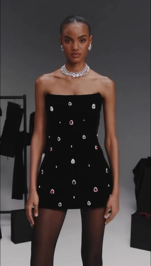 2025 New Spring Black Color Women Sexy Strapless Colorful Crystal Bodycon Mini Bandage Dress Nightclub Party Celebrate Outfit