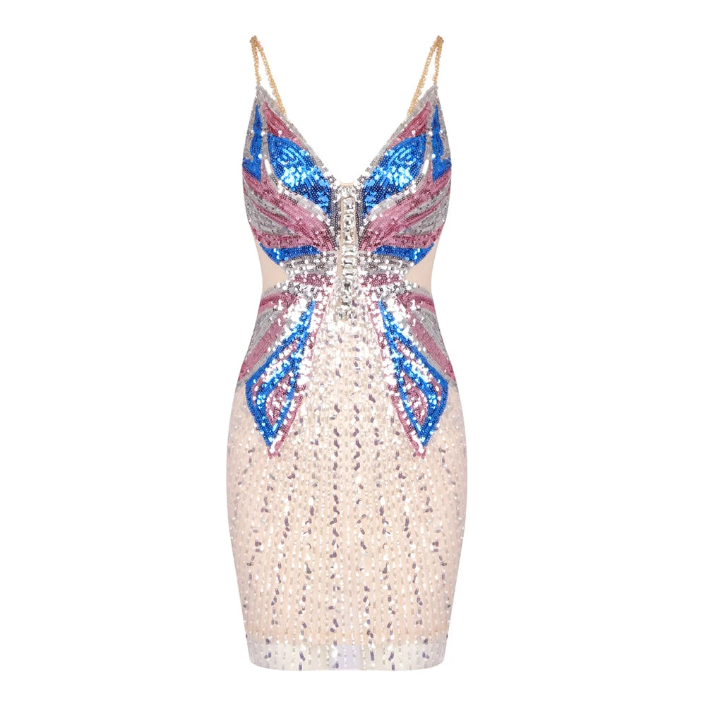Spaghetti Straps Short Dress For Women Sequined Butterfly Details Pearls Patchwork Bodycon Cocktail Club Party Wear Vestido Beige