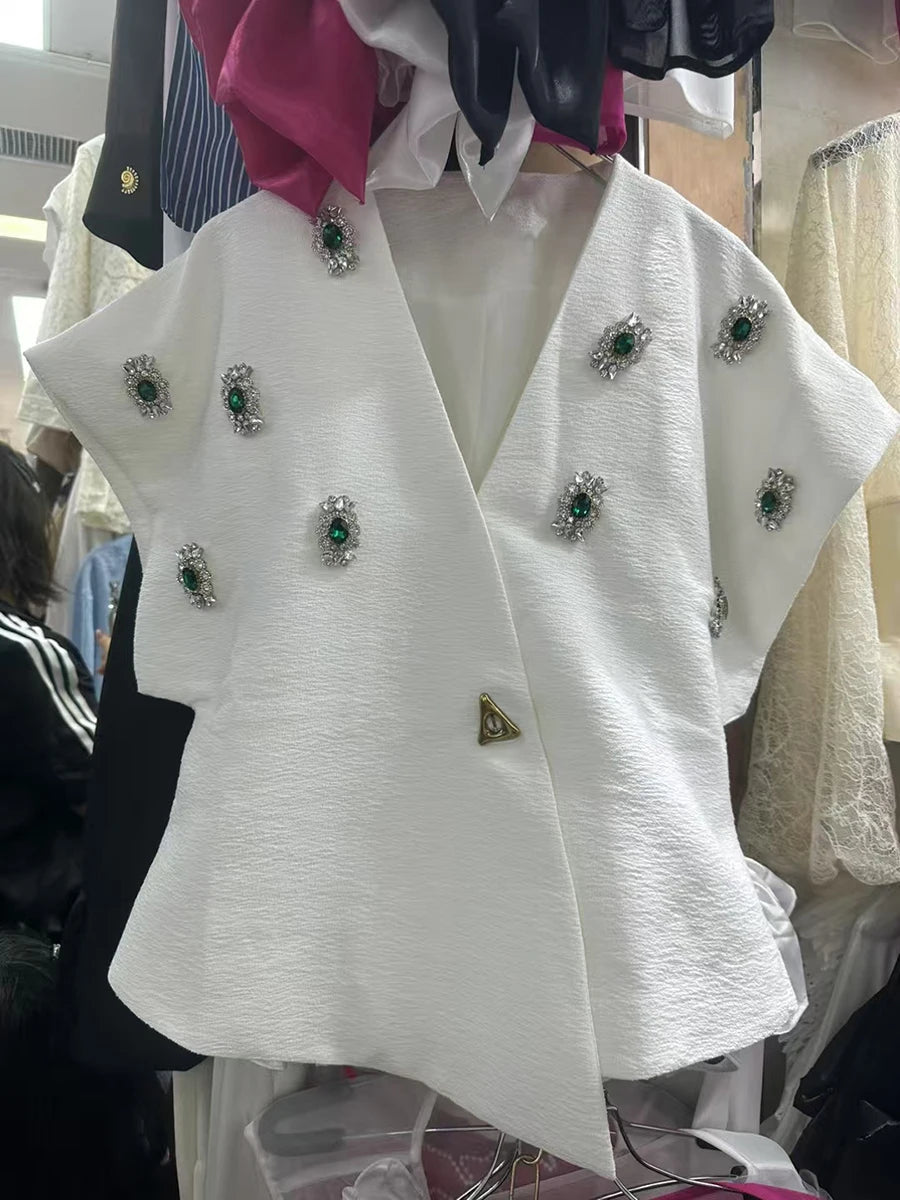 Solid Spliced Bead Luxurious Jackets for Women V Neck Short Sleeves Patchwork Button Elegant Jacket Femlae Fashion WHITE
