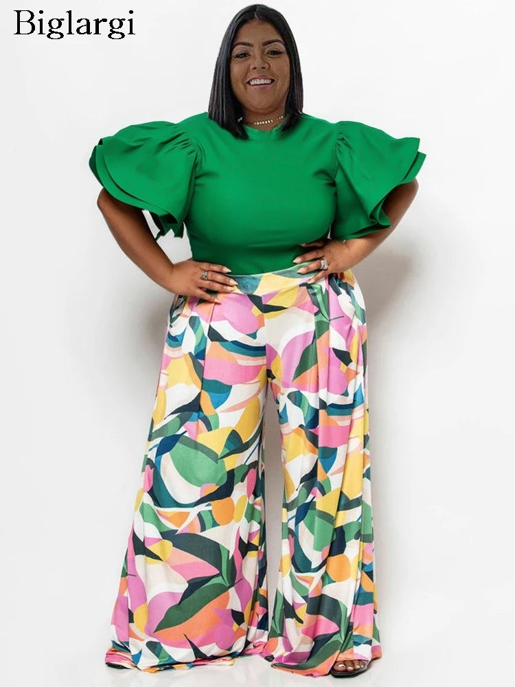Plus Size Summer 2 Two Piece Set Women Ruffle Pleated Fashion Slim Ladies Blouses Floral Print Loose Pleated Woman Wide Leg Pant