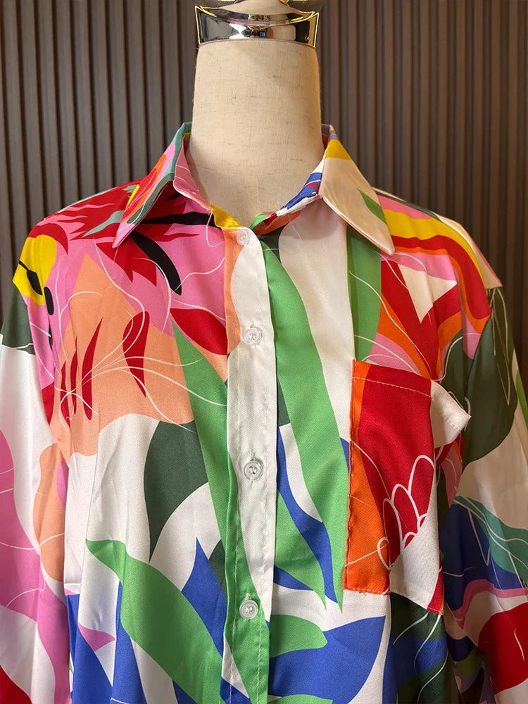 ZARATRASnew summer women's new trousers suit lapel loose silk texture shirt + positioning printed wide leg pants