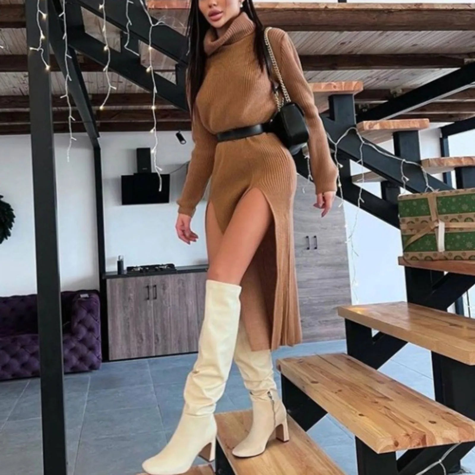 Elegant Knitted Sweater Dress Women Long Sleeve Turtleneck Knitted Slit Woolen Sweater High Split Bodycon Dress Party Vestidos A