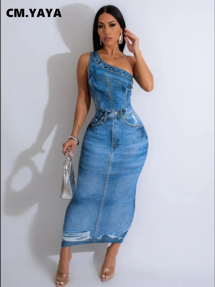 Women Fake Jean 3D Printed One Shoulder Sleeveless Bodycon Midi Maxi Dress 2024 Club Sexy Party Long Dresses Vestido