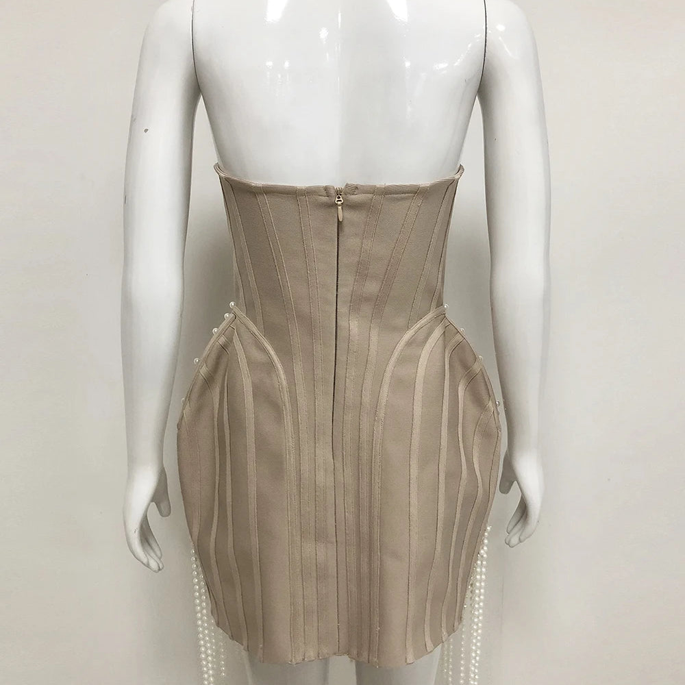 Ladies Luxury Bead Tassels Strapless Backless Design Celebrity Party Club Khaki Sleeveless Sexy Mini Bandage Dress 2025 New