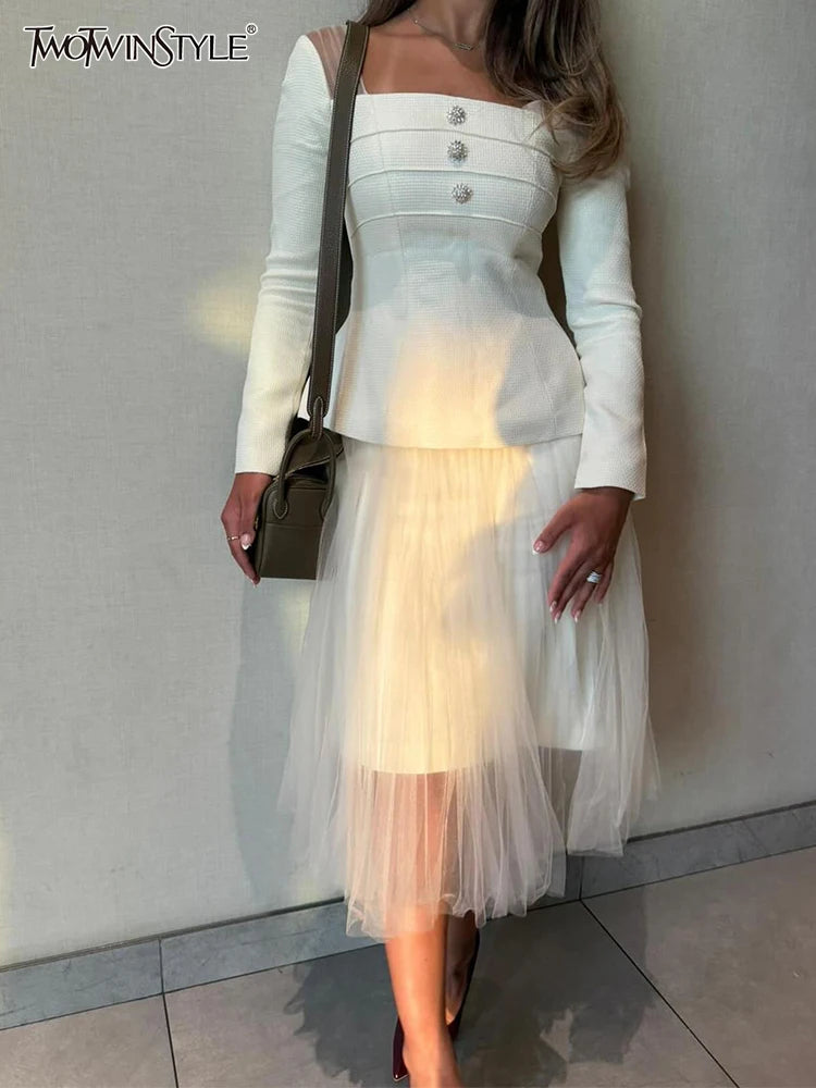 Solid Two Piece Set For Women Diagonal Collar Long Sleeve Tunic Top High Waist Pleated Skirt Elegant Sets Female