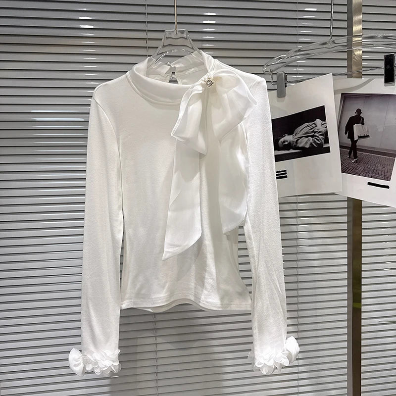 Winter New Elegant Temperament Rhinestone Buckle Bow Tie Long Sleeve T-Shirt For Women Solid Color Tops 11A07897 White