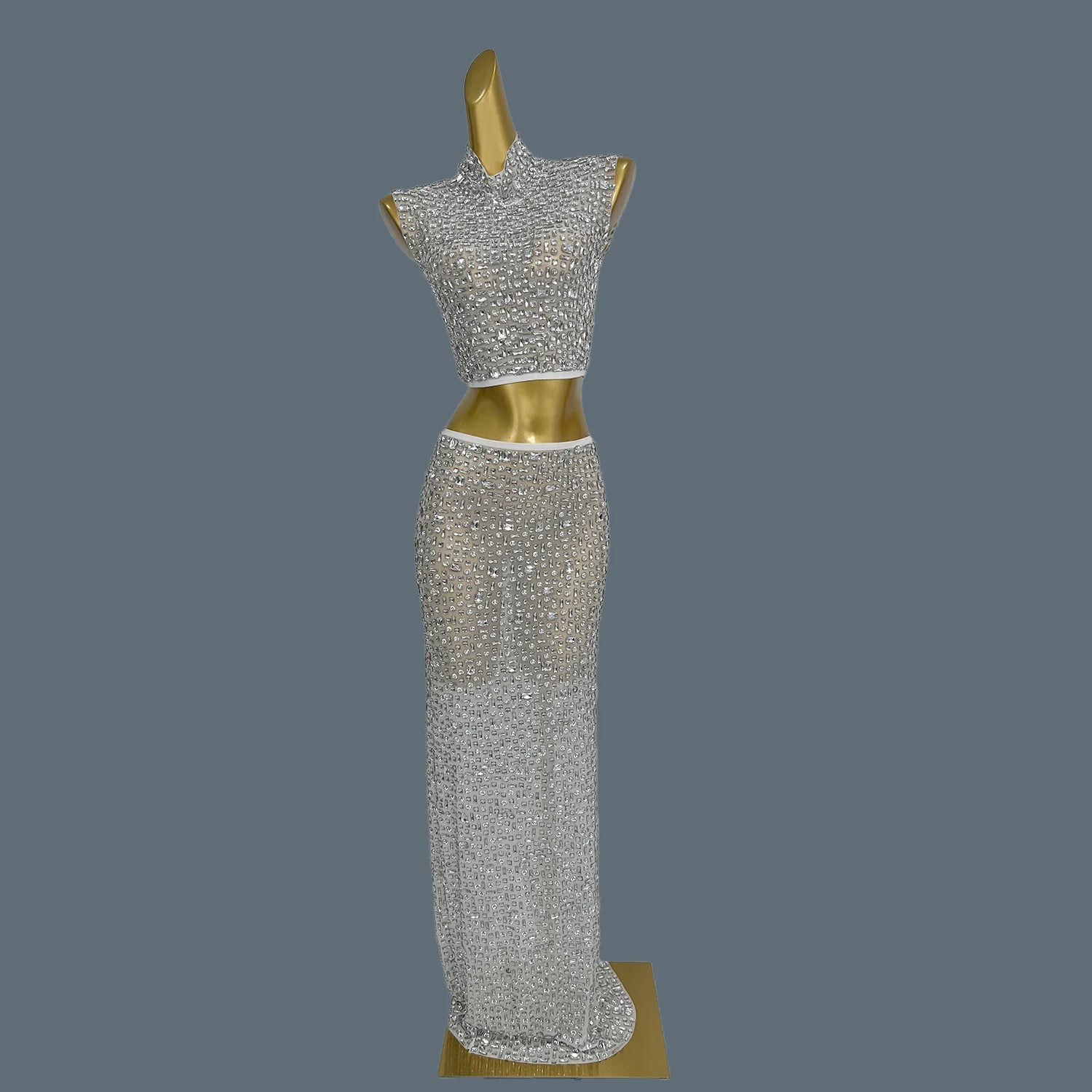 Lady Sexy Two Piece Set See Through Slit Crystal Rhinestone Mesh Dress for Club Party Wear Red Carpet Stage Show Costume Gesebei WHITE