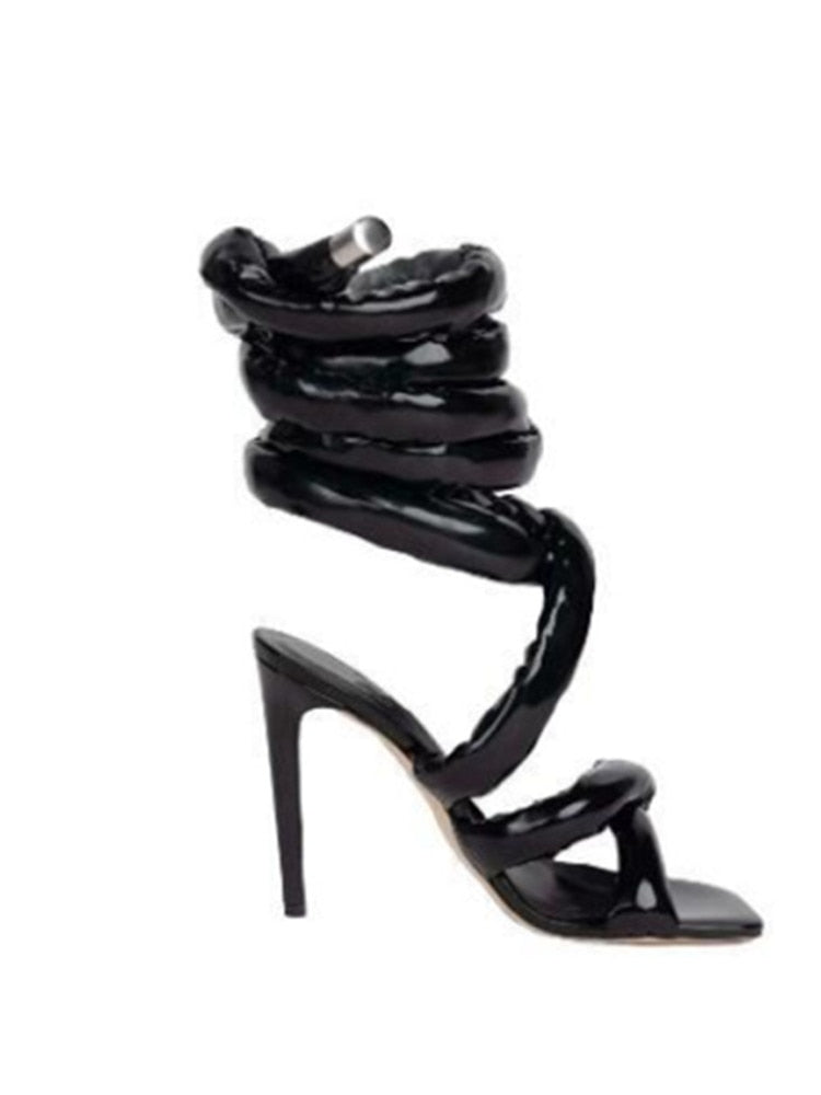 Summer New Square Head Slim High Heel Sandals Wrapped Around The Feet Fashion Show Dress 43 Large Women's Sandals Black