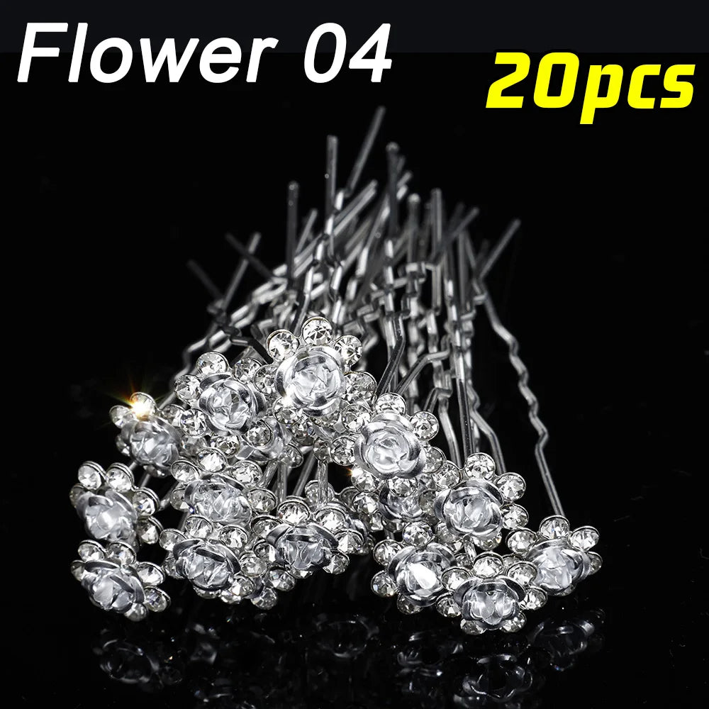 20pcs Pearl Crystal Hairpin Elegant Wedding Bridal U-shaped Metal Hair Comb Forks for Women Hairstyle Clips Jewelry Accessories Flower 04