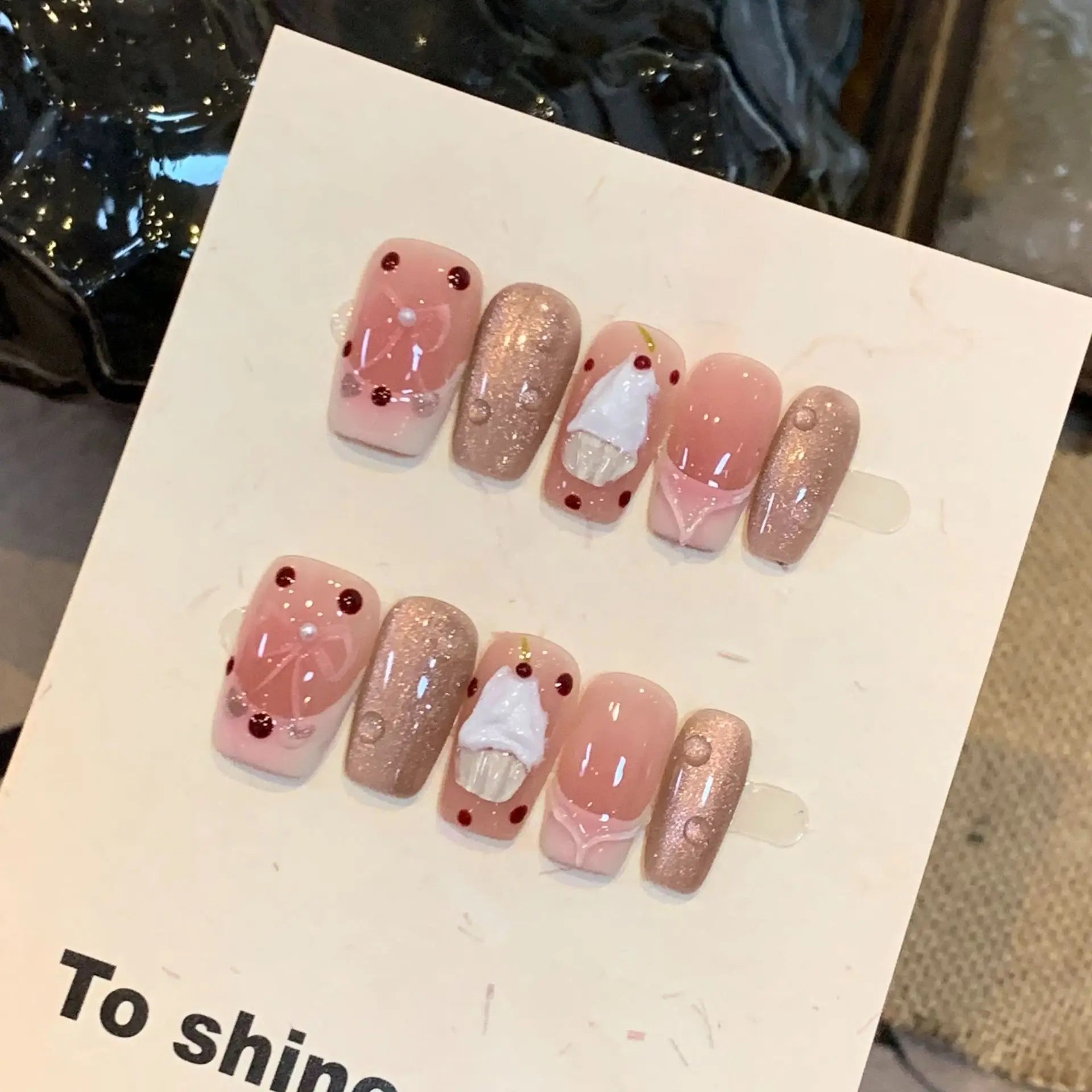 10Pcs Short Sweet Cute Girl Handmade Press on Nails Set Shimmery Cat Eye Gel Nail with Glue Cherry Cake French Acrylic Nail Tips 1 S