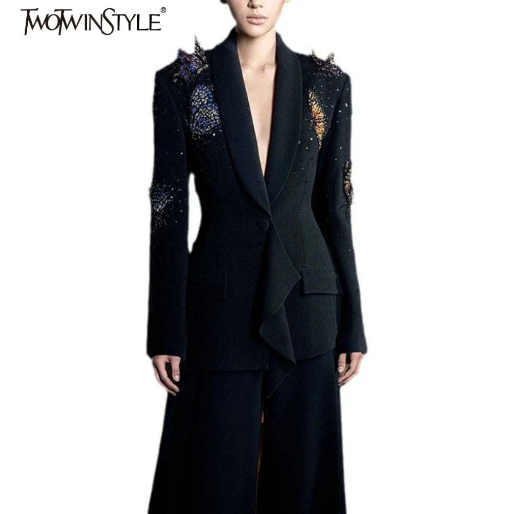 Solid Two Piece Sets for Women Notched Neck Long Sleeve Spliced Sequins Blazer High Waist Wide Leg Pants Set Female