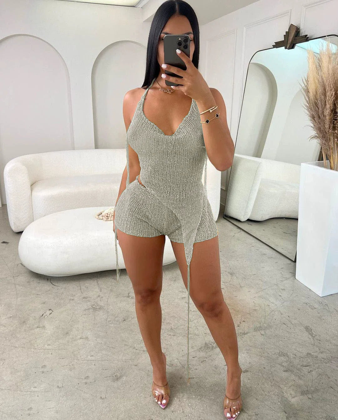 Knit Ribbed Women's Set Halter Neck Backless Crop Top with Hat Shorts Suit 2023 Summer Two 2 Piece Set Outfit Tracksuit GRAY