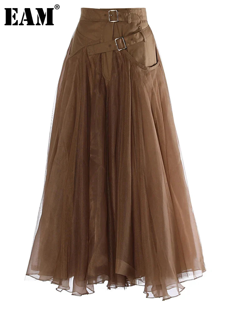 High Waist Khaki Buckle Irregular Mesh Long A-line Half-body Skirt Women Fashion Tide New Spring Autumn 1DH0633