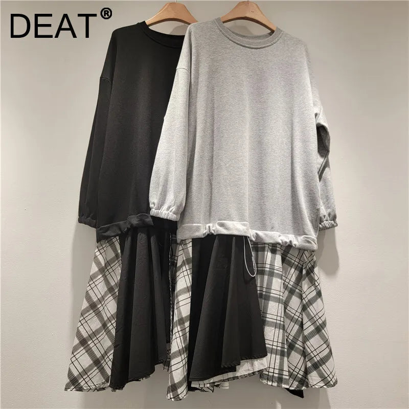 Autumn Winter New Fashion Plaid Fake Two-Piece Patchwork Sweatshirt Dress For Women Mid-Length Dresses Female 11A07720