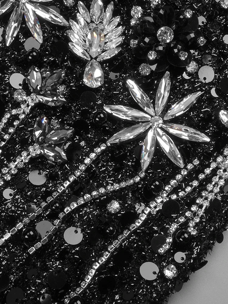 Black Sequins Sweet Heart Neckline Long Dress Hollow Out Low Cut Long Sleeves Diamond Flowers Details Bodycon Evening Gown