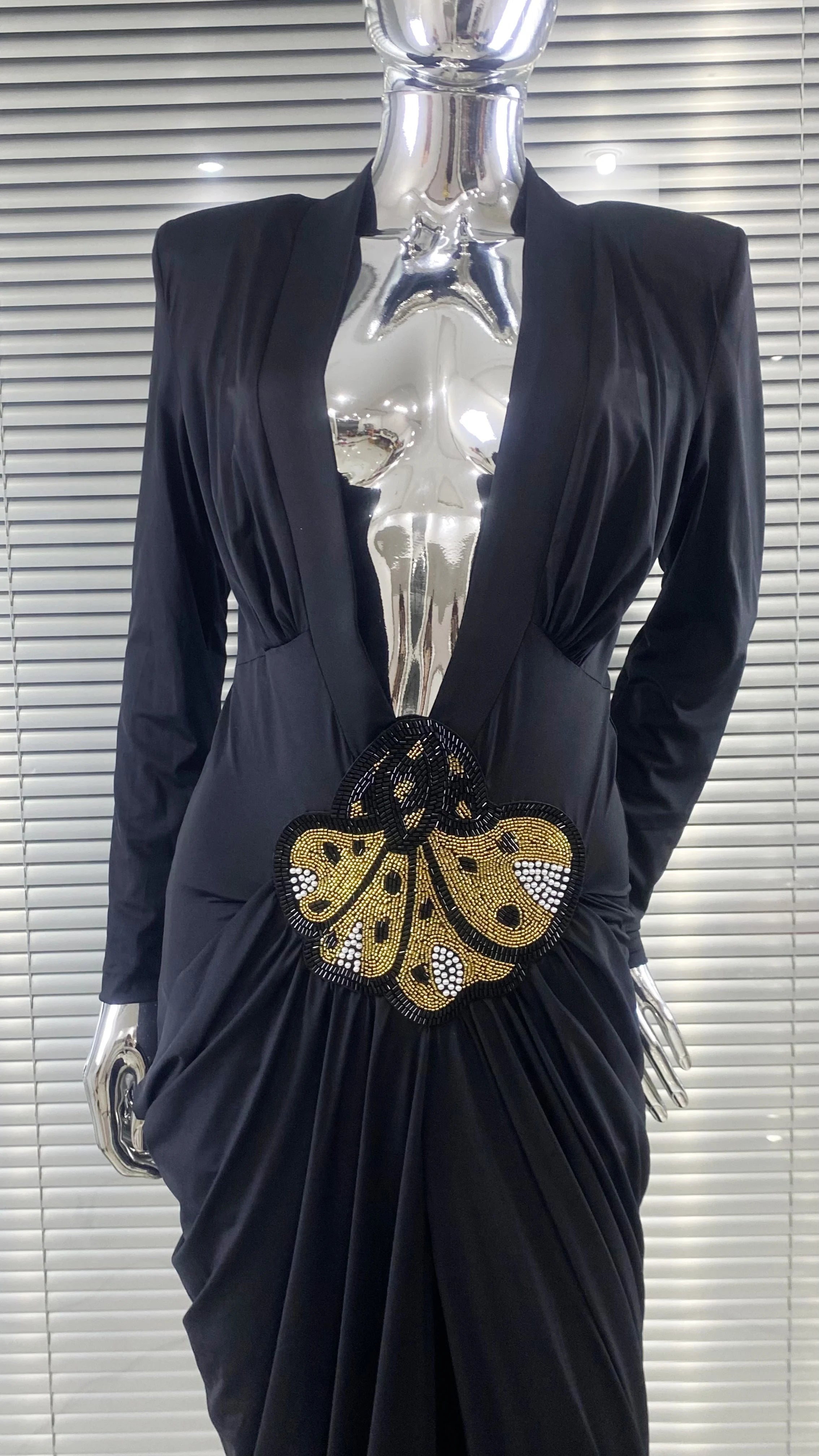 2025 New Beaded Decoration Sexy V-Neck Package Hip Black Floor Length Dress Celebrity Party Dress Woman Cocktail Outfit