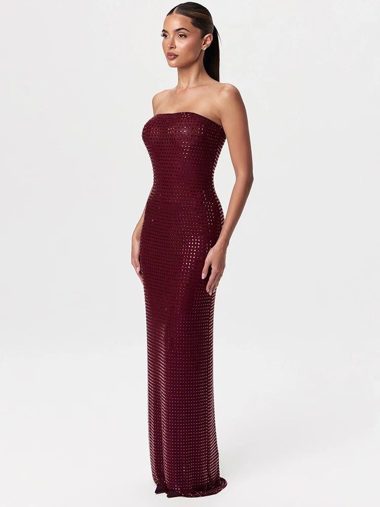 Redwine Beaded Strapless Long Maxi Dress For Women Elegant Sleeveless Backless Sparkle Crystals Bodycon Cocktail Evening Gown