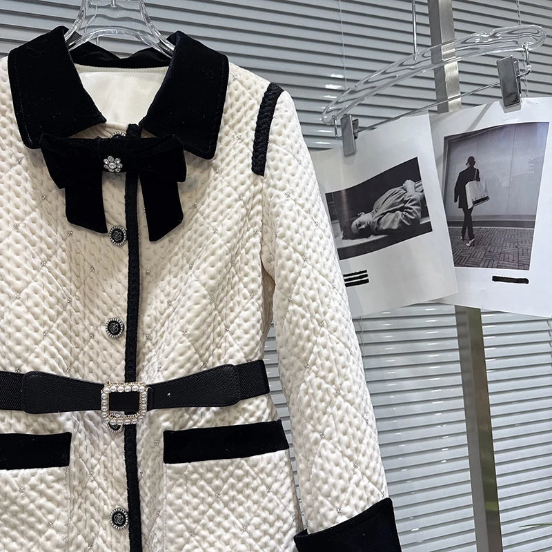 Winter New Fashion Velvet Bow Beaded Cotton Liner Long Trench For Women Elegant High-end Windbreaker Female 11A07766