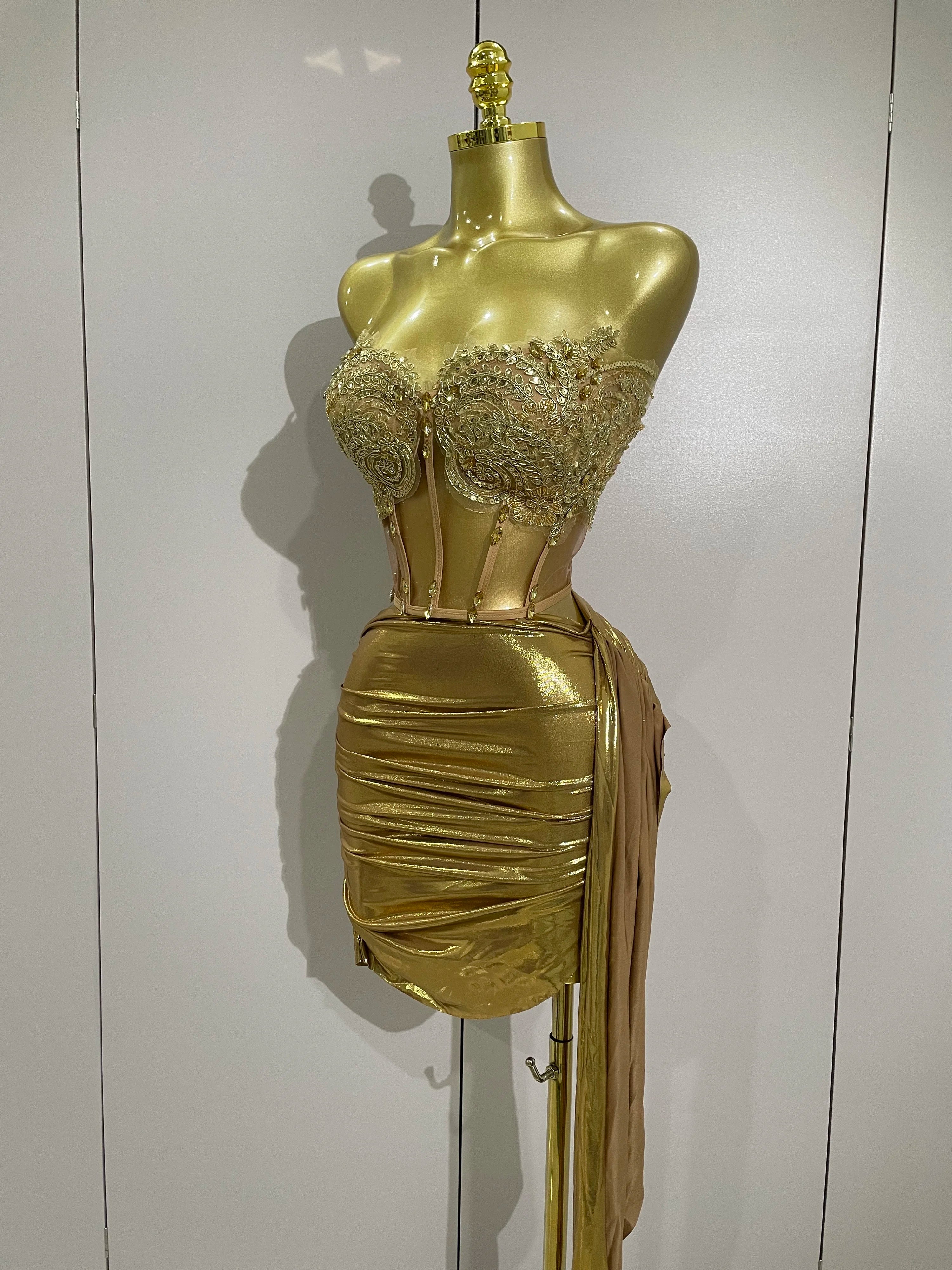 Sparkly Gold Sexy Top Two Pieces Short Skirt Set 2025 Women Celebrate Birthday Dress Party NightClub Dancer Show Stage Outfit