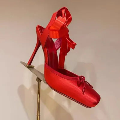Women Lace-Up High Heeled Shoes for Woman's Square Toe Thin Heels Platform Pumps Mujer Pleated Slingback Wedding Luxury Sandals red 10CM