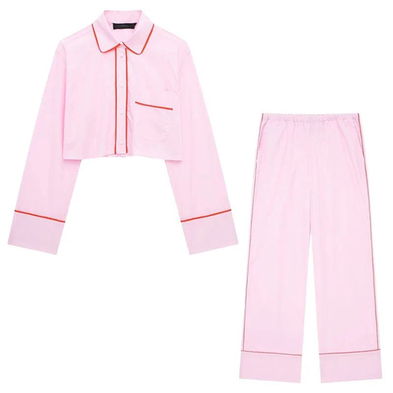 TRAFZA Woman New Fashion Suits Pink Turn-Down Collar Long Sleeves Single Breasted Short Shirts+Mid Waist Lace-Up Wide Leg Pants pink suit